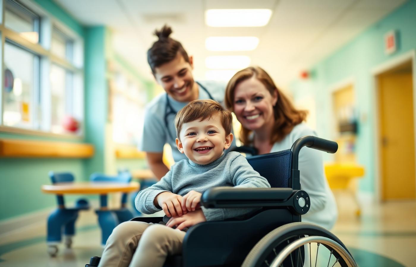 A child and caregiver in a pediatric hospital playroom