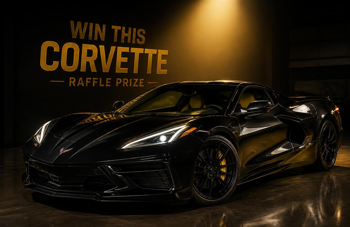 Corvette raffle prize car under a spotlight
